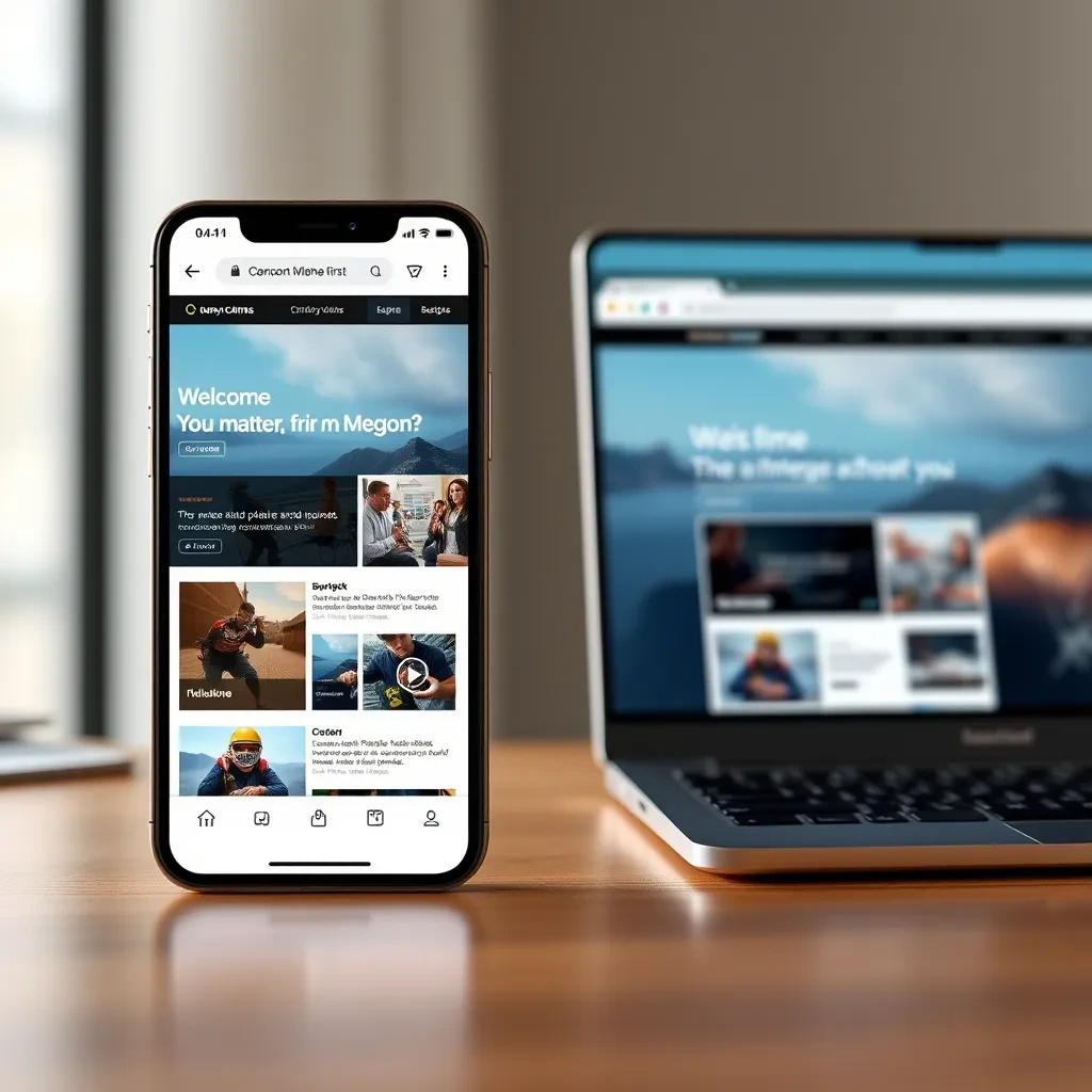 A comparison of the same website layout on a smartphone and a desktop computer. The smartphone version displays a simplified and prioritized version of the content, while the desktop version showcases a more detailed layout, demonstrating how content is prioritized for mobile-first design.